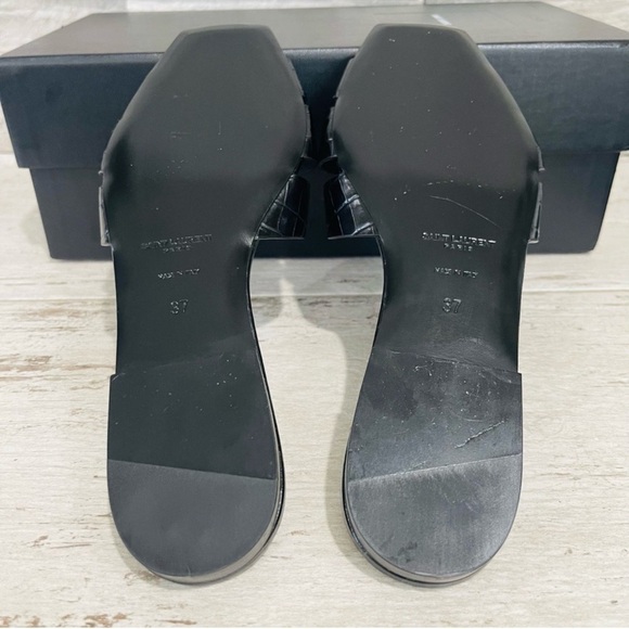 Saint Laurent Size 37 YSL Leather TRIBUTE Black Croc Embossed Flat Slide Sandals - Picture 9 of 13